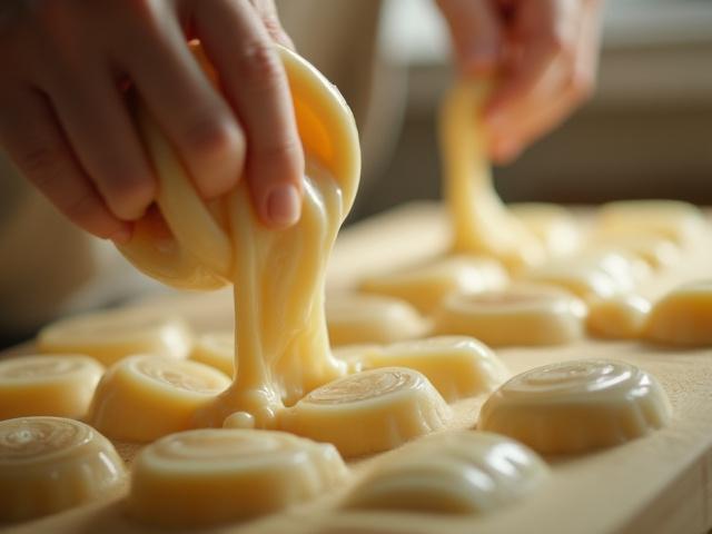 Closeup of a hands carefully pouring liquid soap into molds, reflecting the early stages of DONNIE LEE WALKER's soapmaking journey.