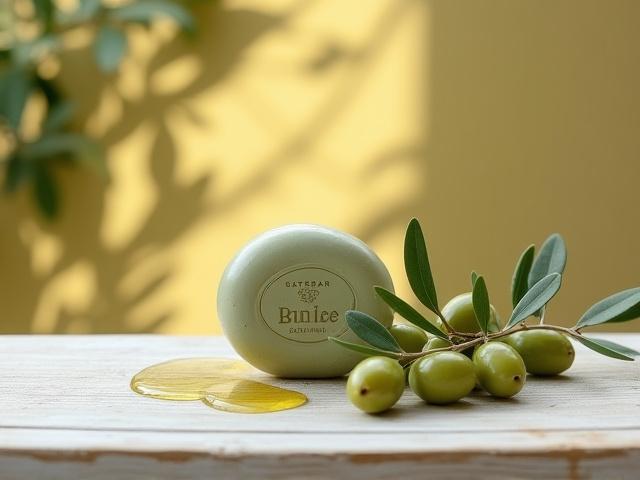 Round bastille soap bar next to an olive branch and fresh olives.