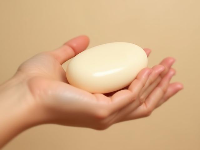 A bar of soap being gently held above a hand with dry, sensitive skin.