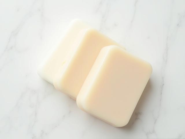 Three simple, minimalist soap bars stacked on a rustic wooden tray.
