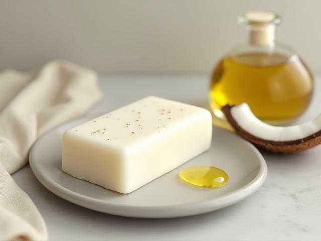 Close-up of 'The 4-Ingredient Coconut & Olive Bar' a slightly off-white, solid soap bar.