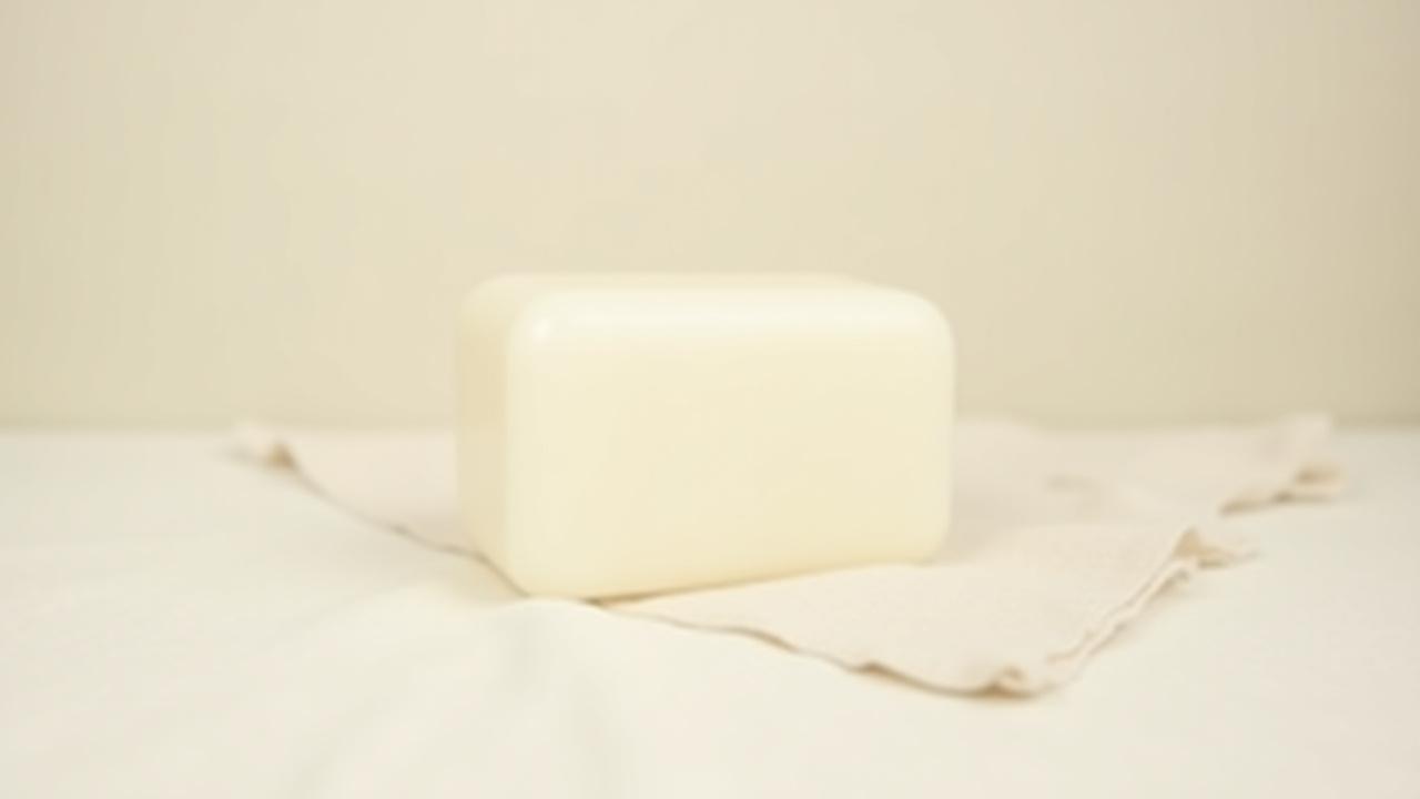 A single, perfectly smooth, white minimalist soap bar resting on a soft, light, textured linen cloth, showcasing its purity and simplicity.