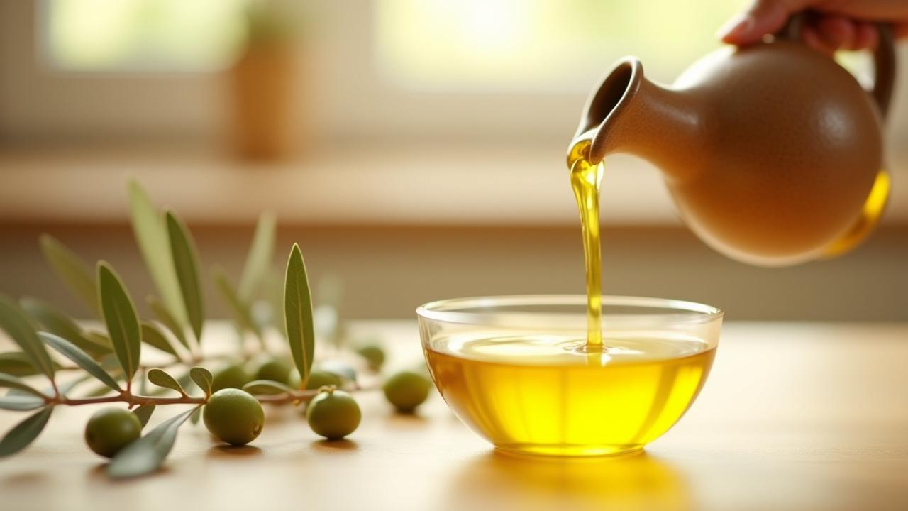 Golden olive oil being poured into a bowl, surrounded by fresh olive branches.