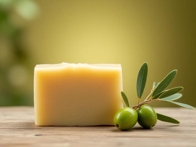 A handcrafted olive oil soap bar with fresh green olives and an olive branch
