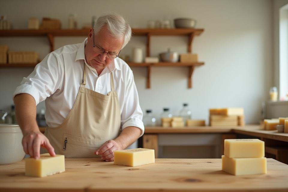 Donnie Lee Walker, the founder, in a clean, minimalist workshop, carefully overseeing soap production