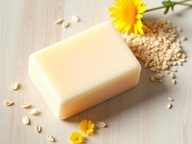 A gentle soap bar next to symbolic soothing elements like rolled oats or dried calendula petals
