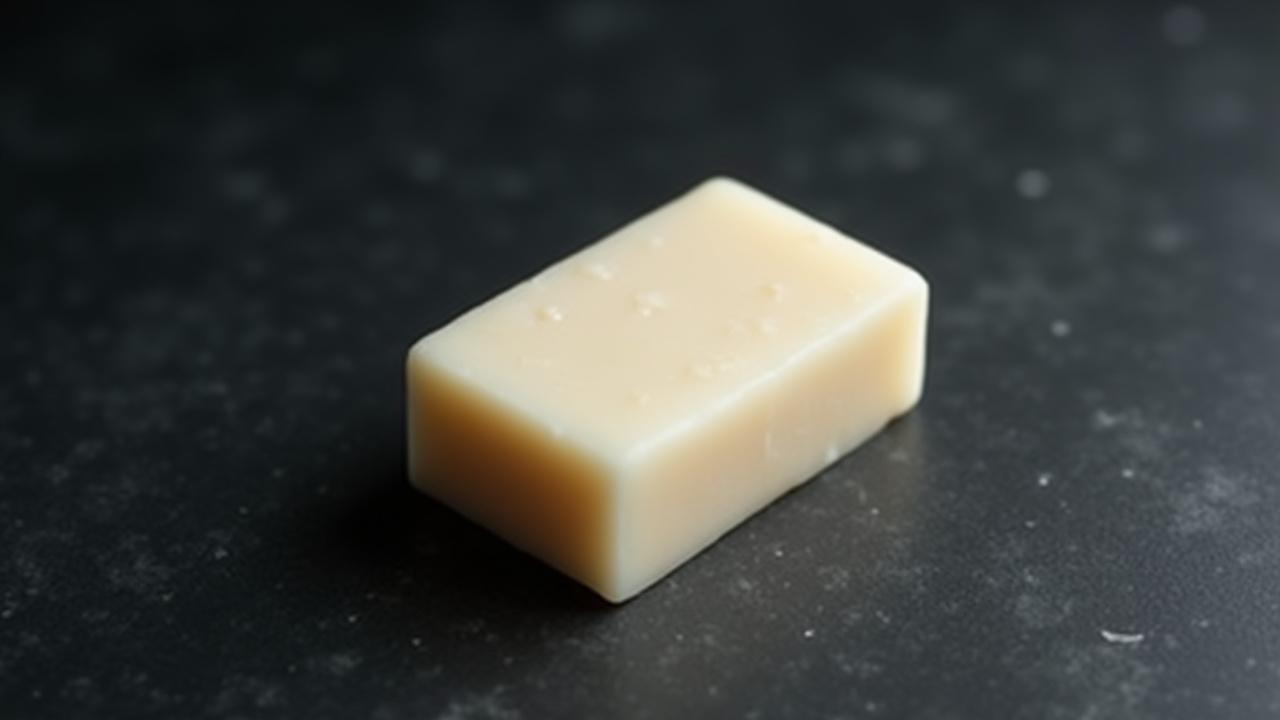 A minimalist bar of unscented soap on a dark slate background, conveying simple strength and purity